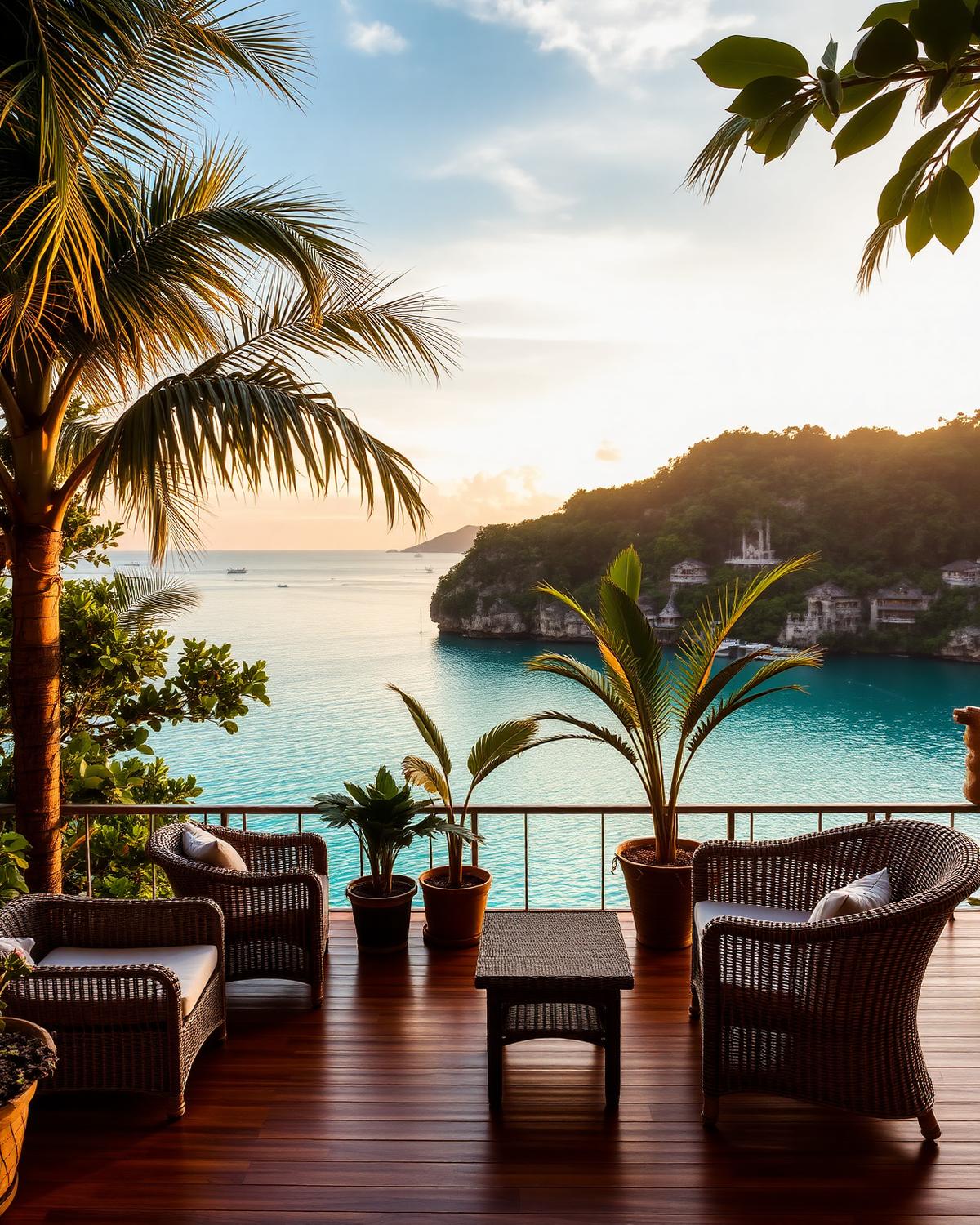 A tropical terrace in Thailand overlooking a calm turquoise bay at sunset